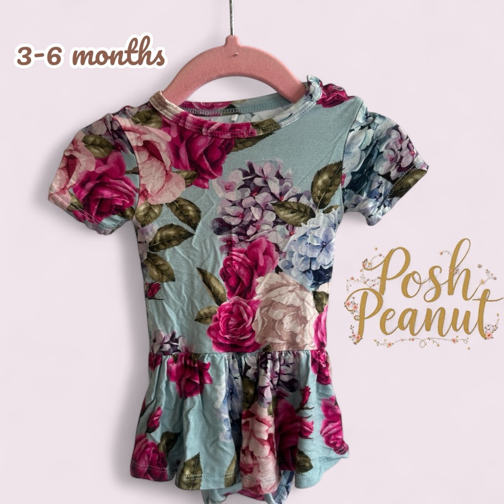 Posh Peanut Floral Kids Twirl Dress Onesie - Blue and Pink